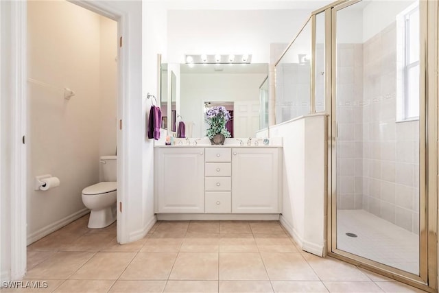 bathroom featuring tile patterned flooring, vanity, an enclosed shower, and toilet