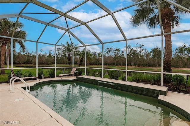 view of swimming pool featuring a lanai and a patio