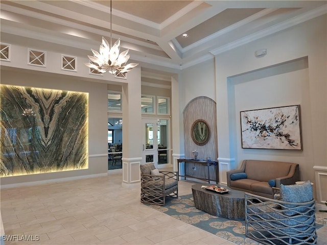 living room with french doors, a high ceiling, coffered ceiling, a notable chandelier, and ornamental molding