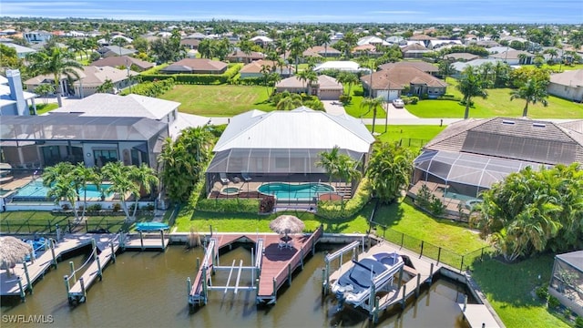 aerial view featuring a water view