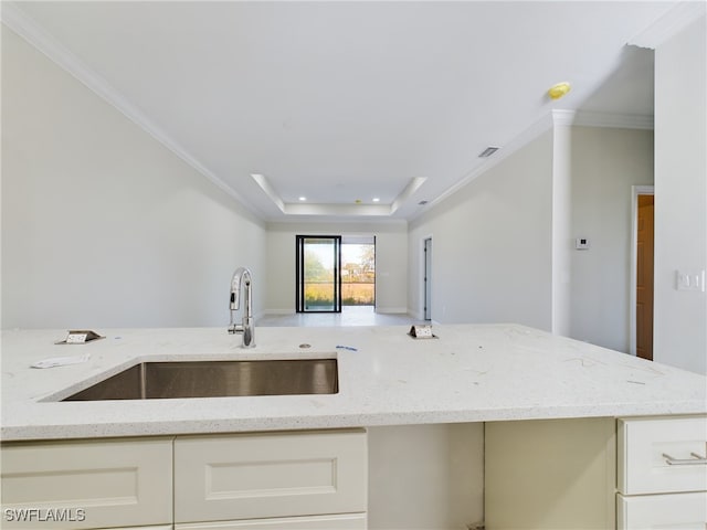 kitchen with light stone countertops, a raised ceiling, crown molding, and sink