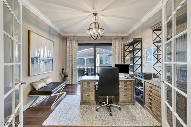 office space featuring a notable chandelier, dark hardwood / wood-style flooring, ornamental molding, and french doors