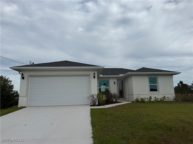 single story home featuring a front yard and a garage