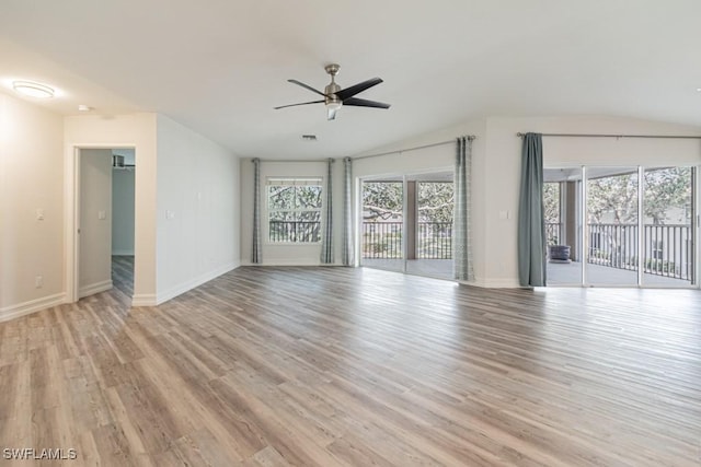 unfurnished living room with light hardwood / wood-style flooring and ceiling fan