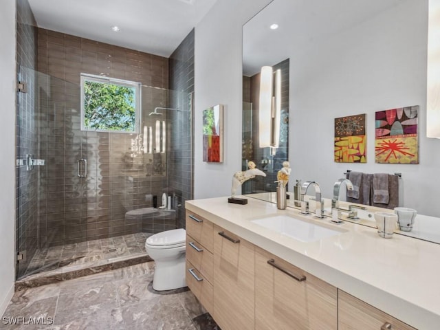 bathroom with a shower stall, toilet, and vanity