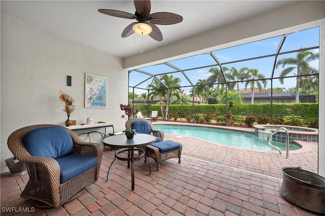 3926 Sapphire Way, Naples, FL 34114 - view of swimming pool with a ceiling fan, a lanai, a patio area, and a pool with connected hot tub