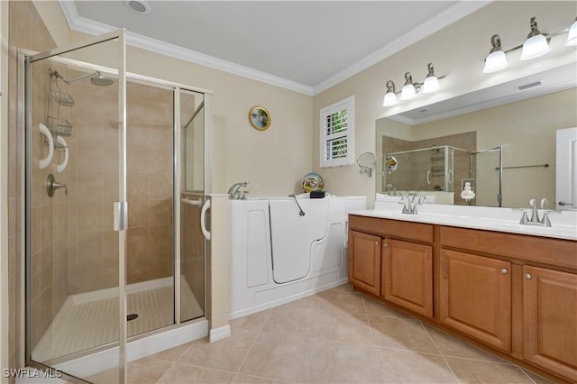 bathroom with tile patterned flooring, vanity, an enclosed shower, and crown molding