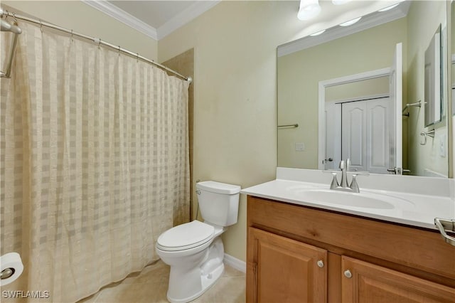 full bathroom featuring vanity, tile patterned floors, crown molding, toilet, and shower / tub combo with curtain