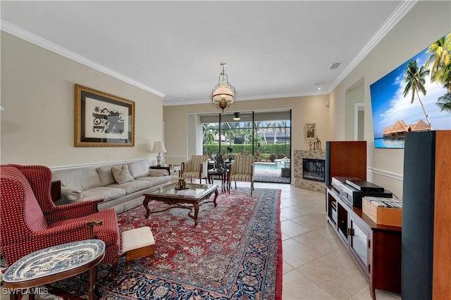 living room featuring light tile patterned flooring and ornamental molding