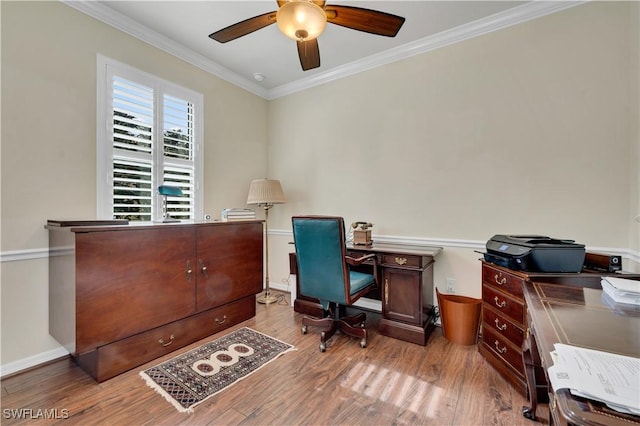 office featuring crown molding, ceiling fan, and light hardwood / wood-style floors