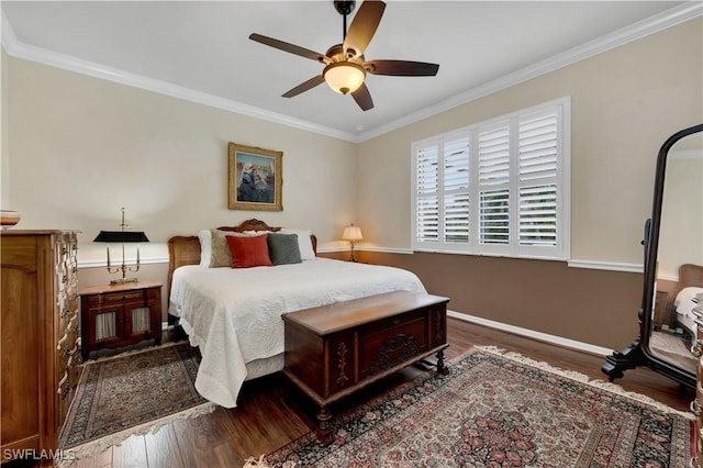 bedroom featuring ceiling fan, crown molding, and dark hardwood / wood-style floors