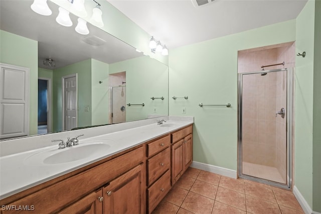 bathroom with vanity, tile patterned floors, and a shower with door