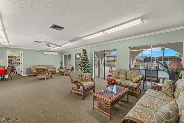 carpeted living room featuring a textured ceiling, a wall mounted AC, ornamental molding, and ceiling fan