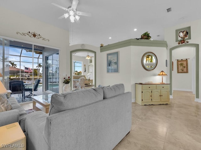 living room featuring ceiling fan