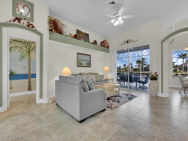 living room featuring ceiling fan