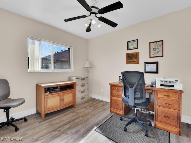 home office featuring light hardwood / wood-style floors and ceiling fan