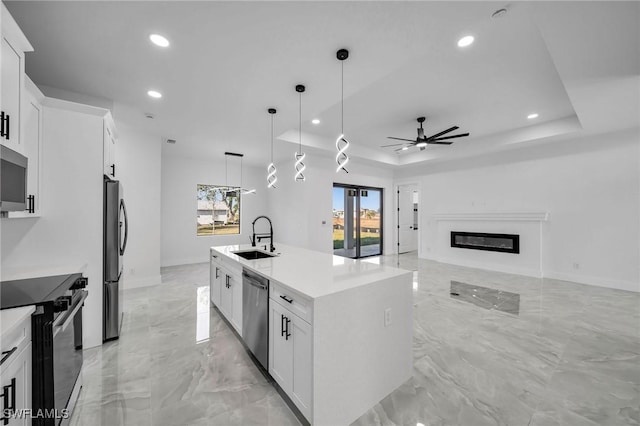 kitchen featuring white cabinetry, sink, stainless steel appliances, a tray ceiling, and a center island with sink