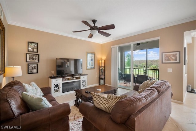 tiled living room with ornamental molding