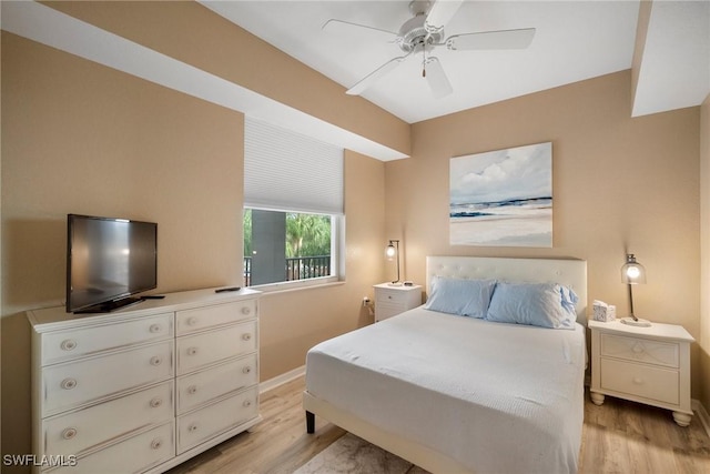 bedroom featuring ceiling fan and light hardwood / wood-style flooring