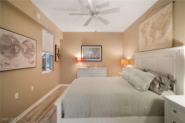 bedroom featuring ceiling fan and light hardwood / wood-style floors