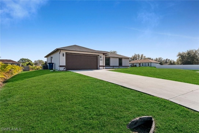 single story home with a garage and a front yard