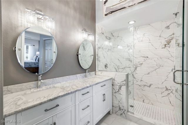 bathroom with vanity and walk in shower