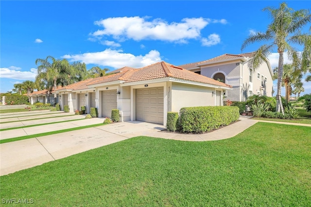 10296 Heritage Bay Blvd Unit 3124, Naples, FL 34120 - mediterranean / spanish-style house with a tiled roof, a garage, a front lawn, stucco siding, and concrete driveway