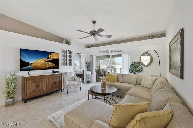 10296 Heritage Bay Blvd Unit 3124, Naples, FL 34120 - living room featuring ceiling fan, light tile patterned floors, and lofted ceiling