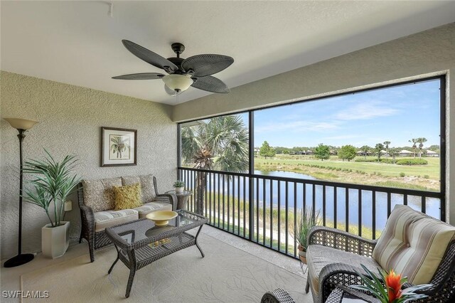 10296 Heritage Bay Blvd Unit 3124, Naples, FL 34120 - sunroom with a water view and a ceiling fan