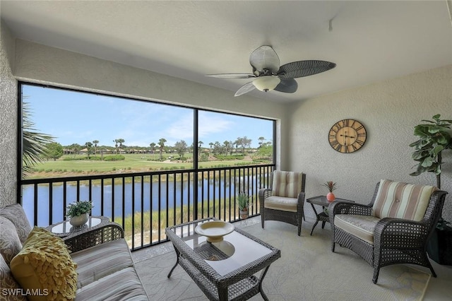 10296 Heritage Bay Blvd Unit 3124, Naples, FL 34120 - sunroom / solarium featuring ceiling fan, a water view, and view of golf course