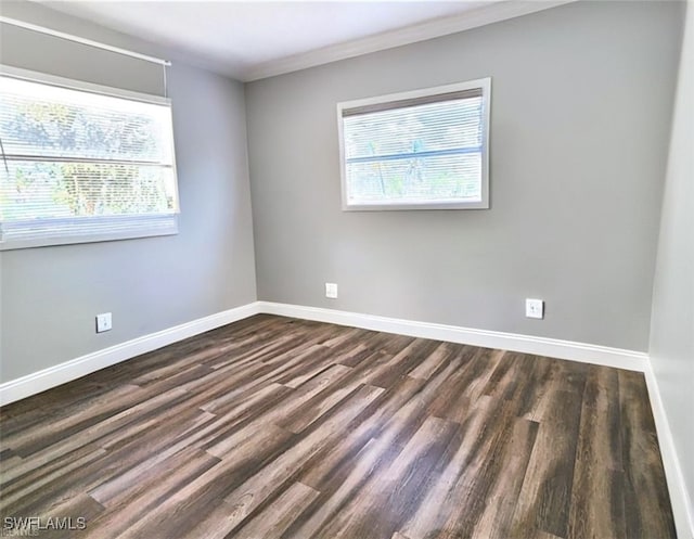 empty room featuring dark wood finished floors, plenty of natural light, and baseboards