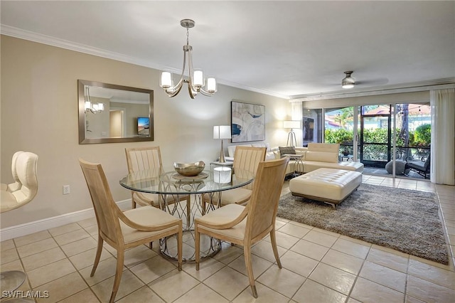 dining space featuring ceiling fan with notable chandelier, light tile patterned floors, and crown molding