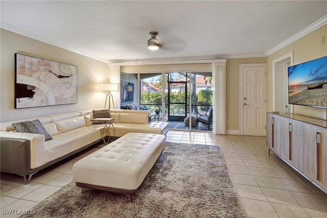 living room featuring light tile patterned floors, ceiling fan, and crown molding