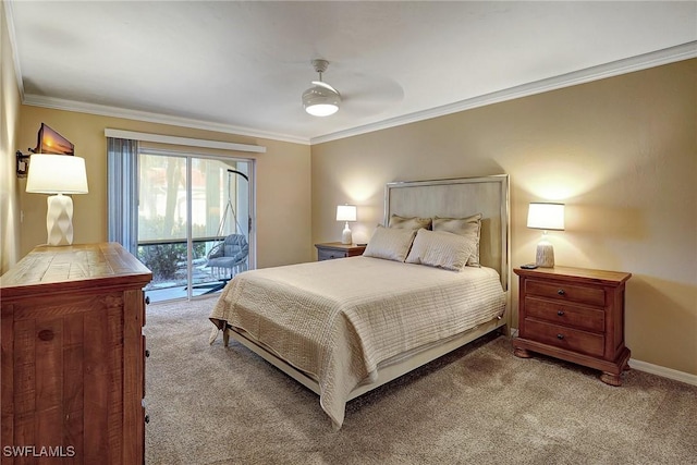 bedroom featuring ceiling fan, access to exterior, ornamental molding, and light carpet