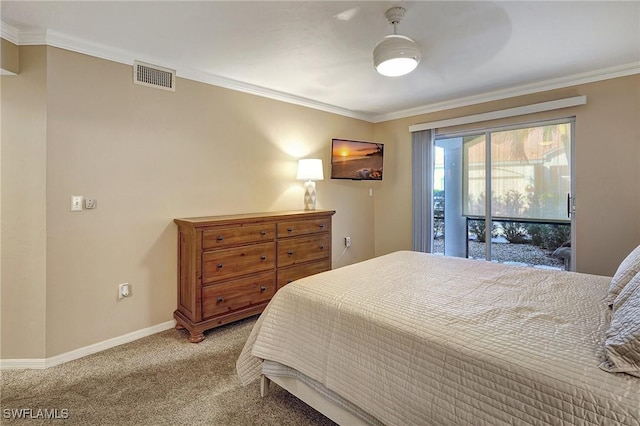 carpeted bedroom featuring access to outside, ceiling fan, and ornamental molding