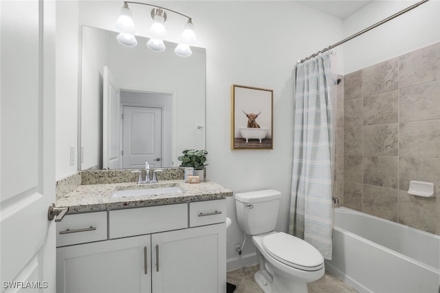 bathroom with toilet, baseboards, shower / bath combination with curtain, and vanity