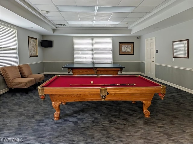 game room featuring pool table, dark colored carpet, a tray ceiling, and a paneled ceiling