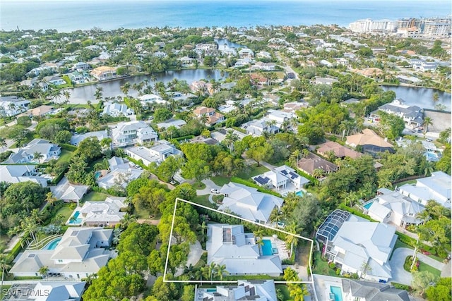 aerial view featuring a water view