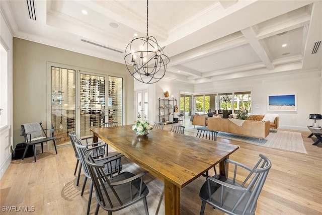 dining room with coffered ceiling, an inviting chandelier, crown molding, beamed ceiling, and light hardwood / wood-style floors