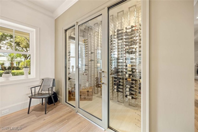 wine cellar featuring light hardwood / wood-style floors and ornamental molding