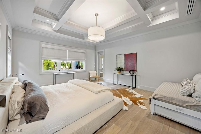 bedroom featuring crown molding, beamed ceiling, coffered ceiling, and light wood-type flooring