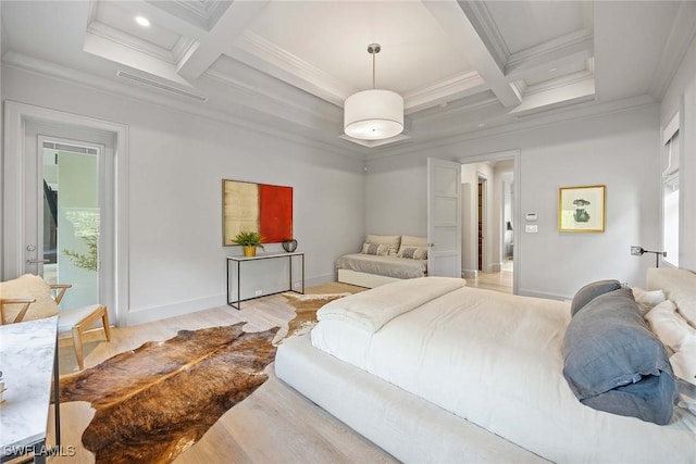 bedroom with beamed ceiling, ornamental molding, and coffered ceiling