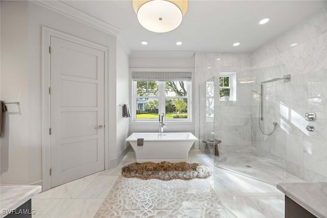 bathroom featuring vanity, separate shower and tub, and crown molding