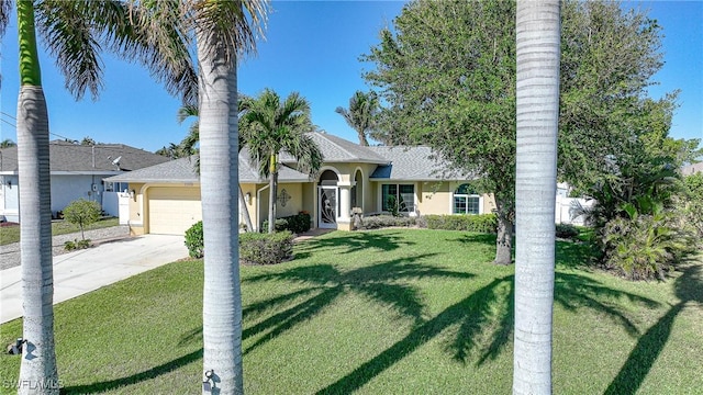 view of front of property with a garage and a front lawn