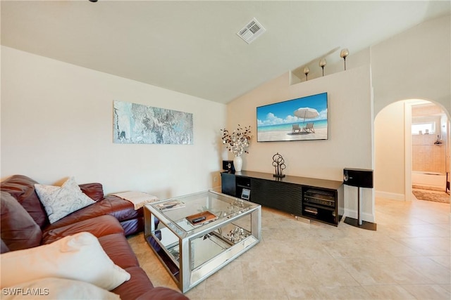 living room featuring lofted ceiling