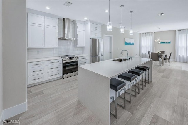 kitchen featuring sink, wall chimney exhaust hood, a center island with sink, white cabinets, and appliances with stainless steel finishes