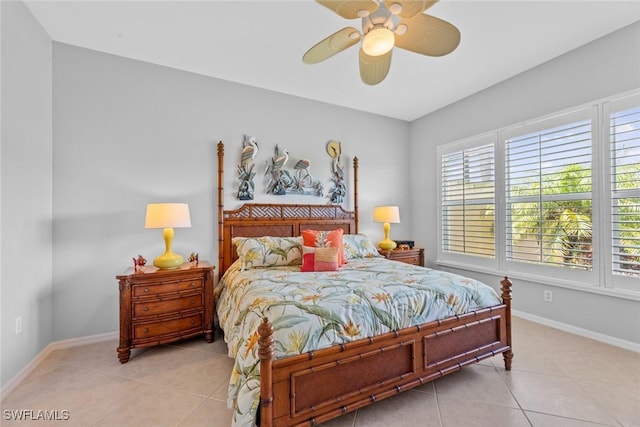 bedroom featuring ceiling fan and light tile patterned flooring