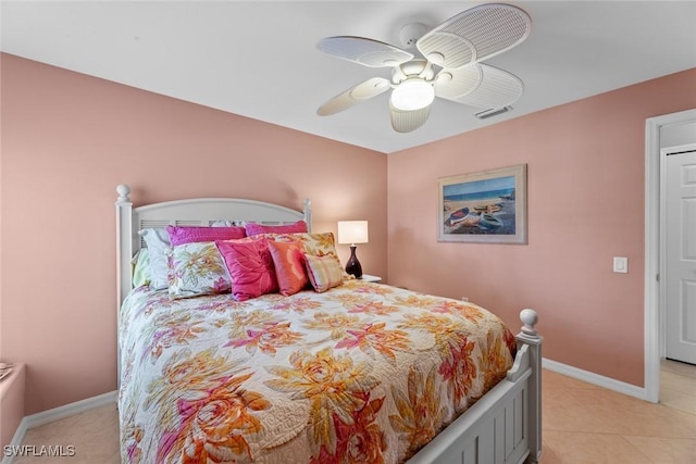 tiled bedroom with ceiling fan