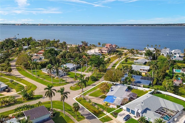 aerial view featuring a water view