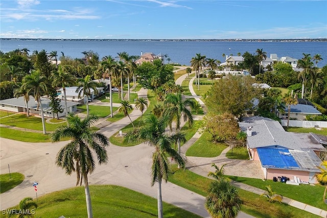 birds eye view of property featuring a water view